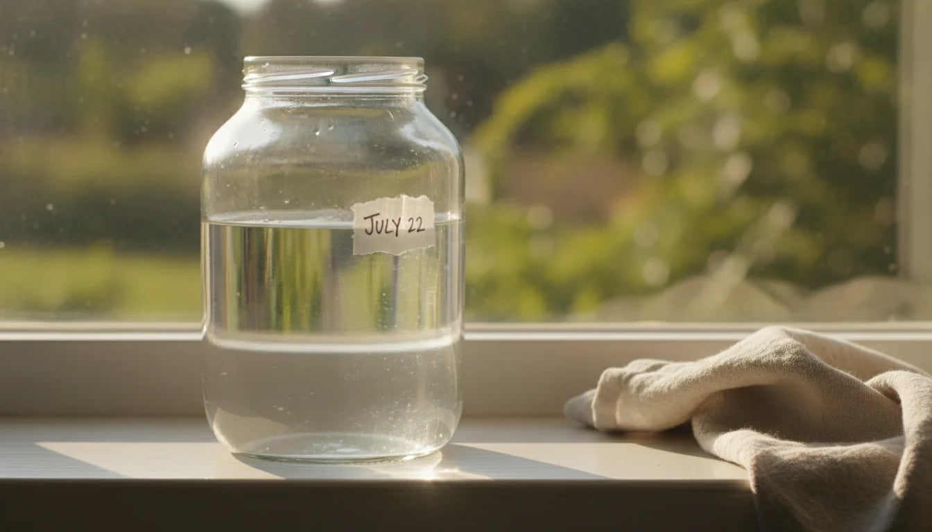 Glass jar of water sitting uncovered on sunny windowsill to dechlorinate