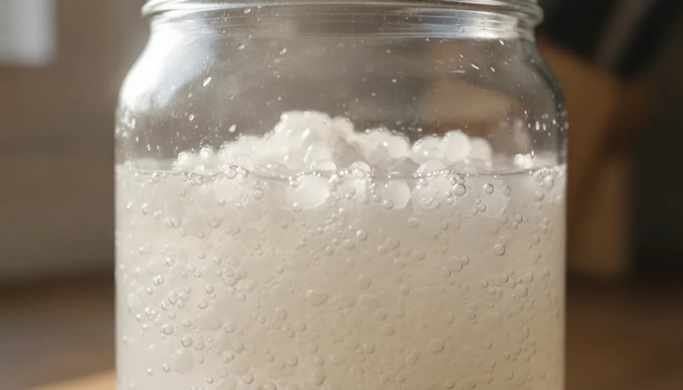 Healthy water kefir grains in fizzy liquid showing active fermentation
