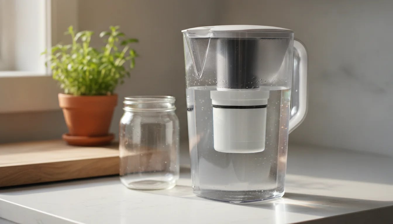 Water filter pitcher on counter beside empty fermentation jar