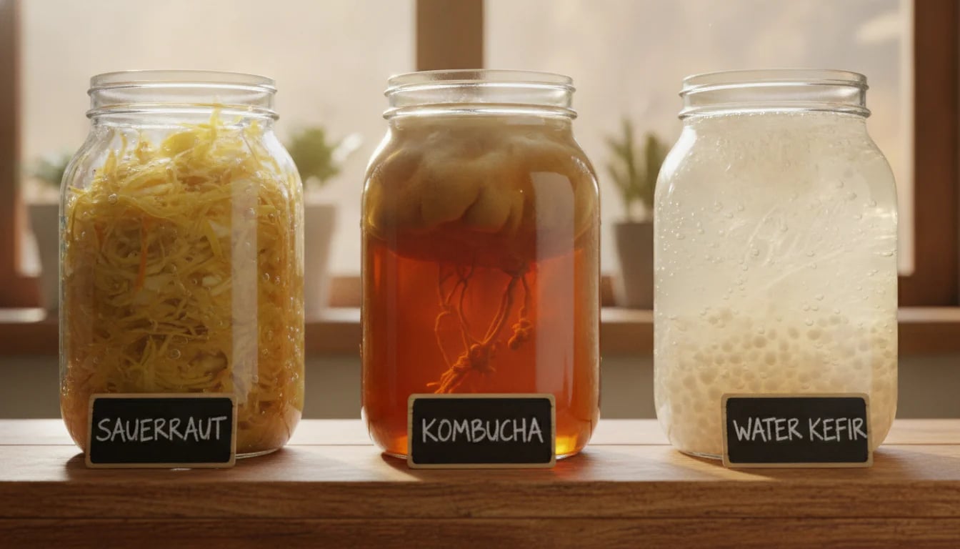 Three jars of successful ferments on wooden shelf showing healthy fermentation