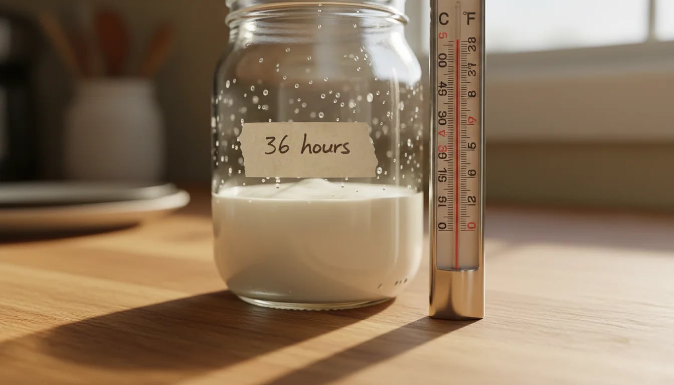 Thermometer showing precise 100°F temperature next to fermenting yogurt jar