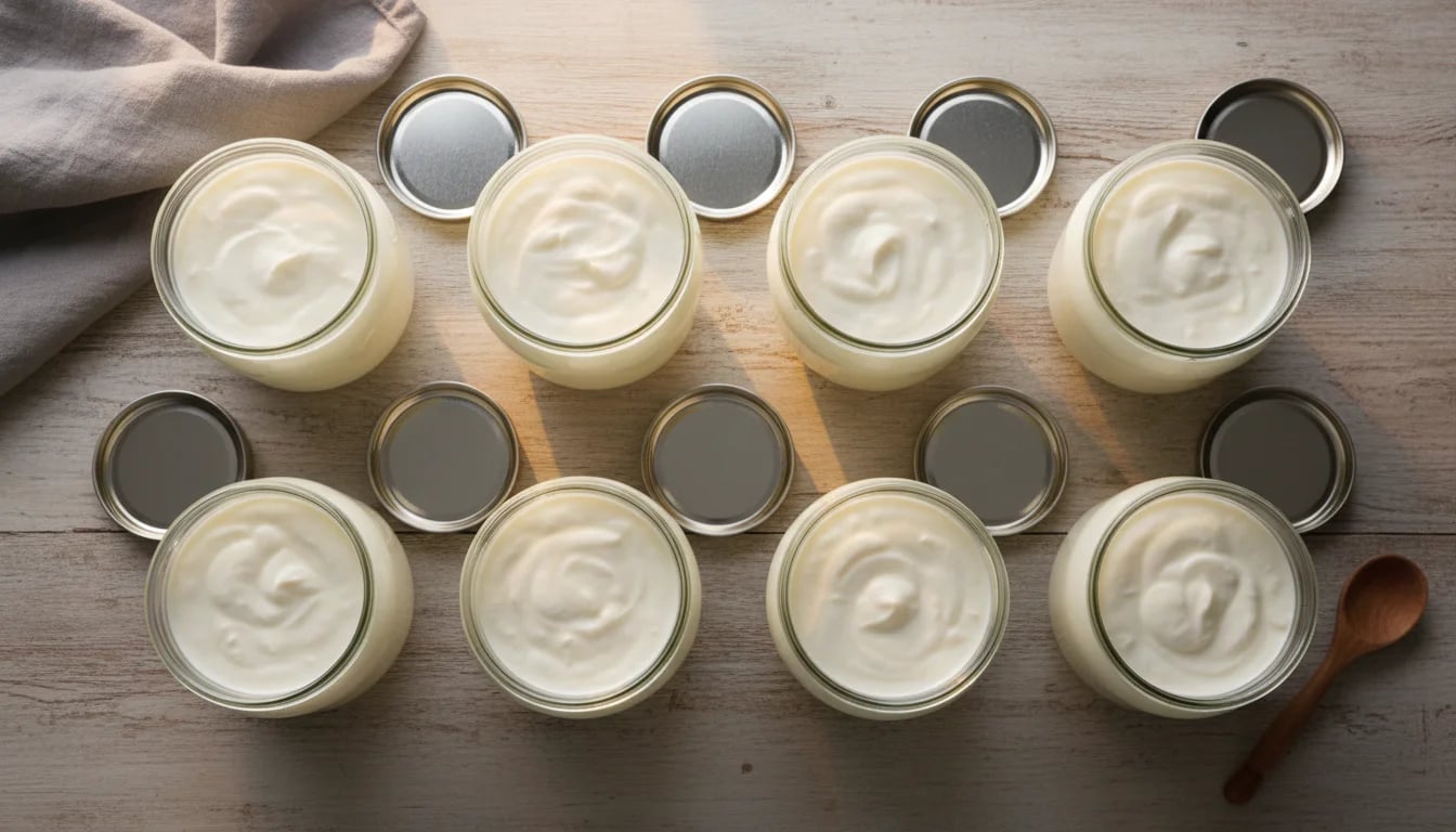 Eight jars of homemade yogurt arranged on wooden surface showing batch production