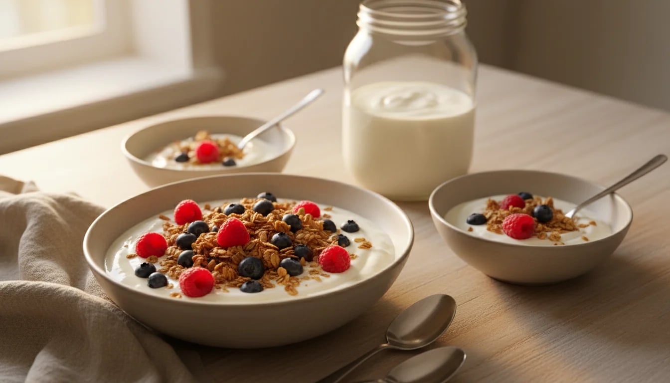 Breakfast table with yogurt bowls and jar showing daily consumption