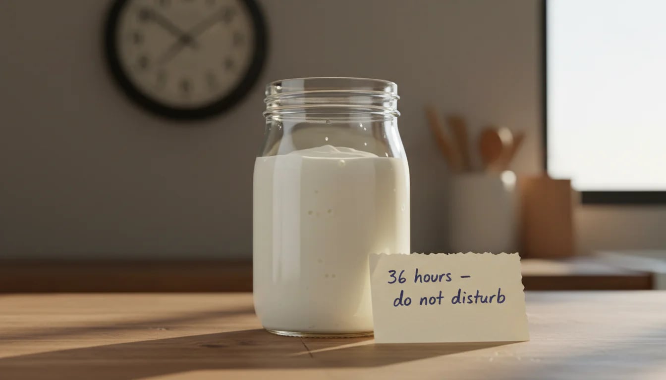 Yogurt jar with note indicating long fermentation time needed