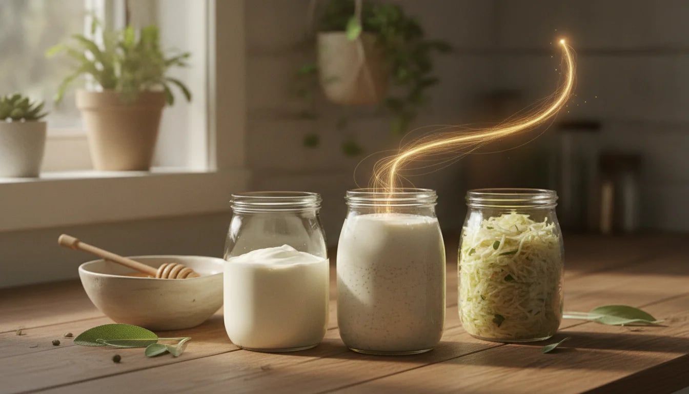 Jars of homemade yogurt, kefir and sauerkraut in warm light with a rising thread of light