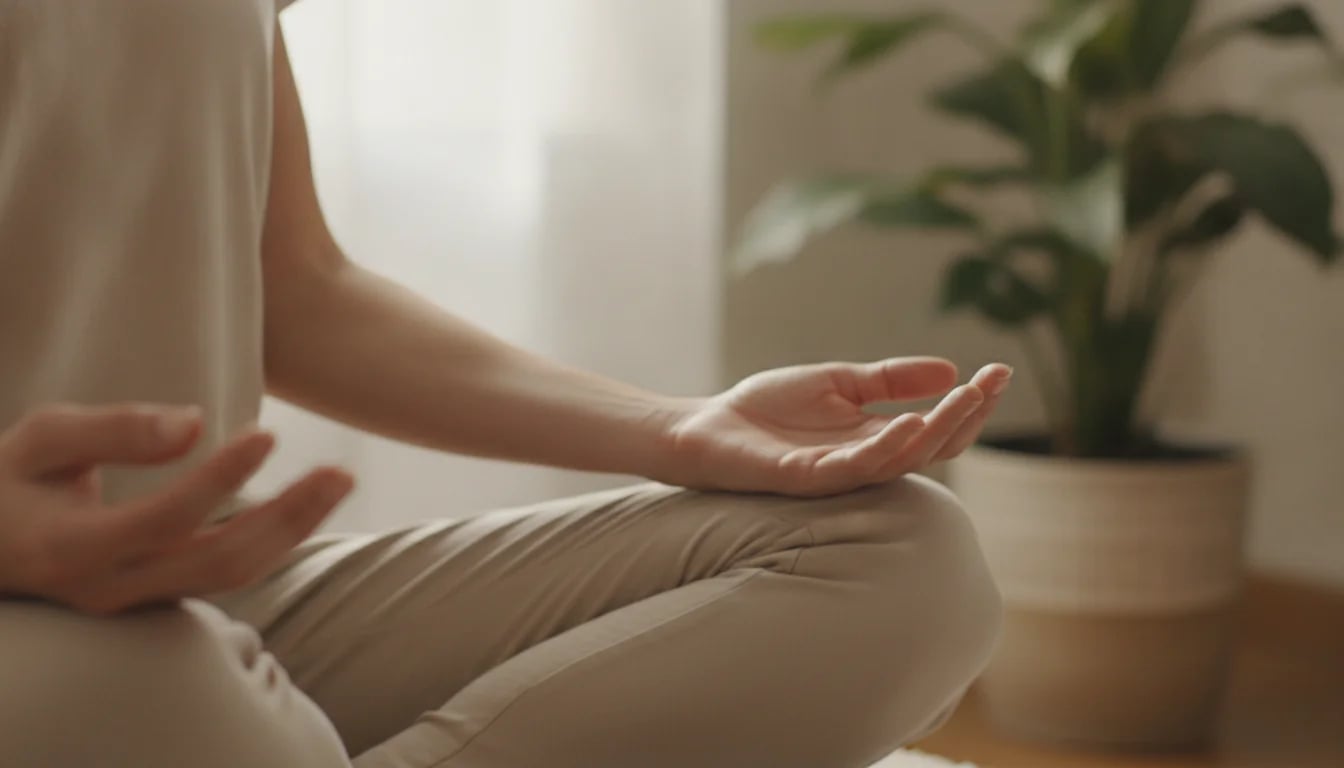 Open hands resting calmly on a lap in soft daylight, suggesting slow breathing and stillness