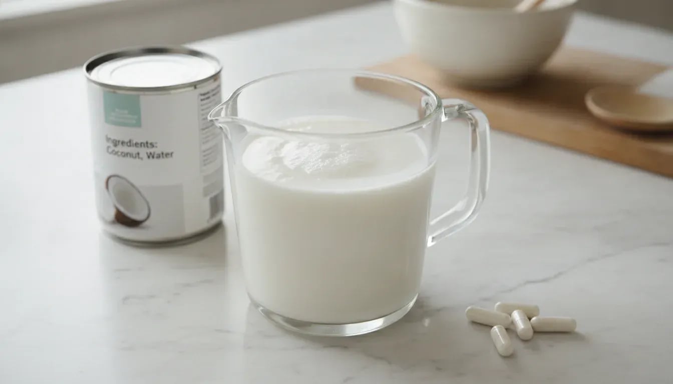 Glass measuring cup of white coconut milk beside coconut milk can on marble counter