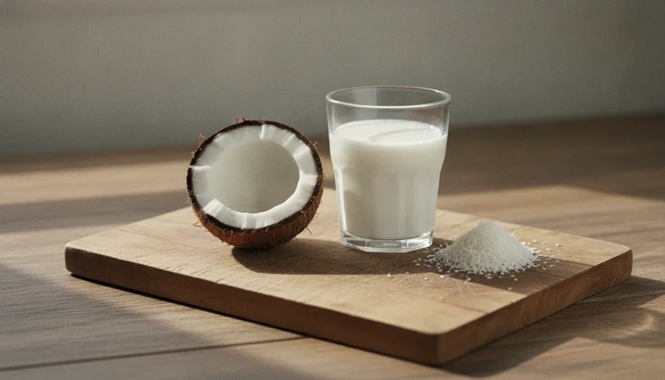 Coconut milk can with visible ingredient label beside bowl of coconut milk on dark surface