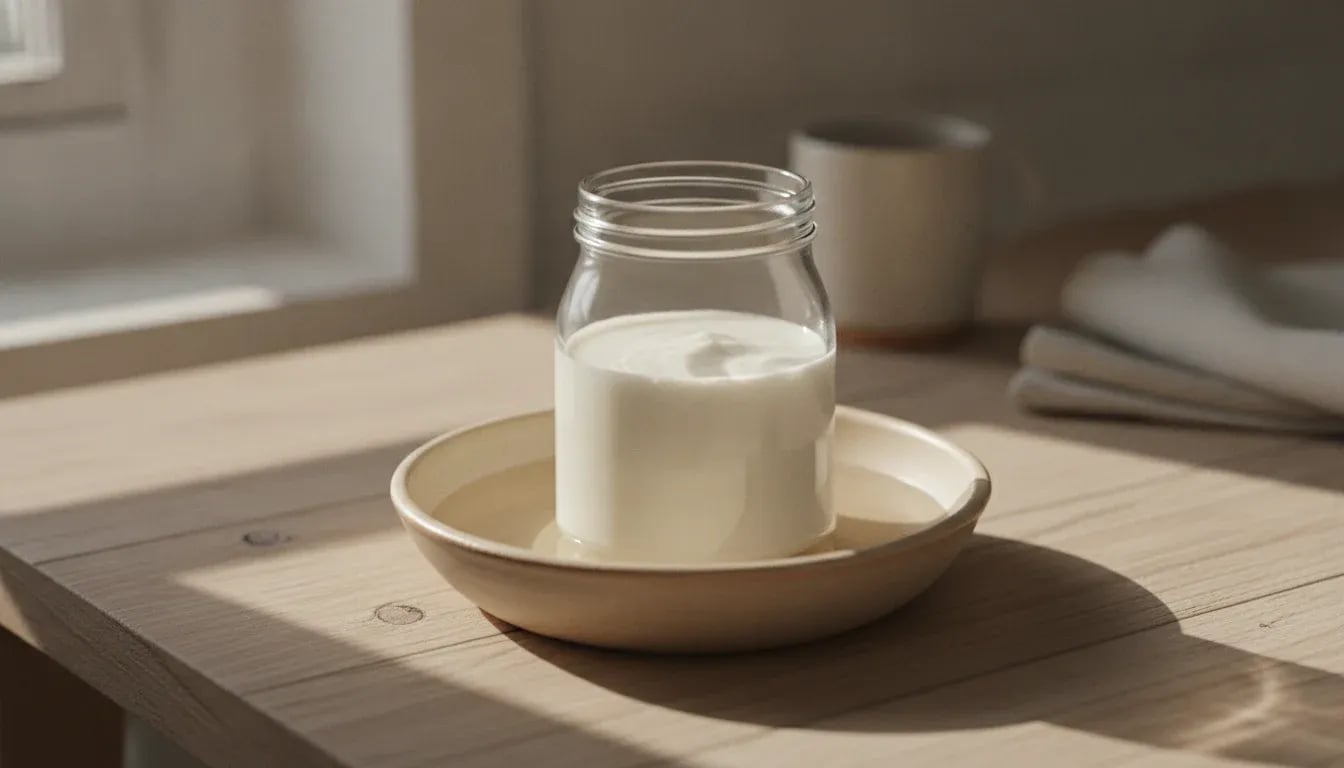 Glass jar of coconut milk in water bath with digital thermometer showing 100 degrees