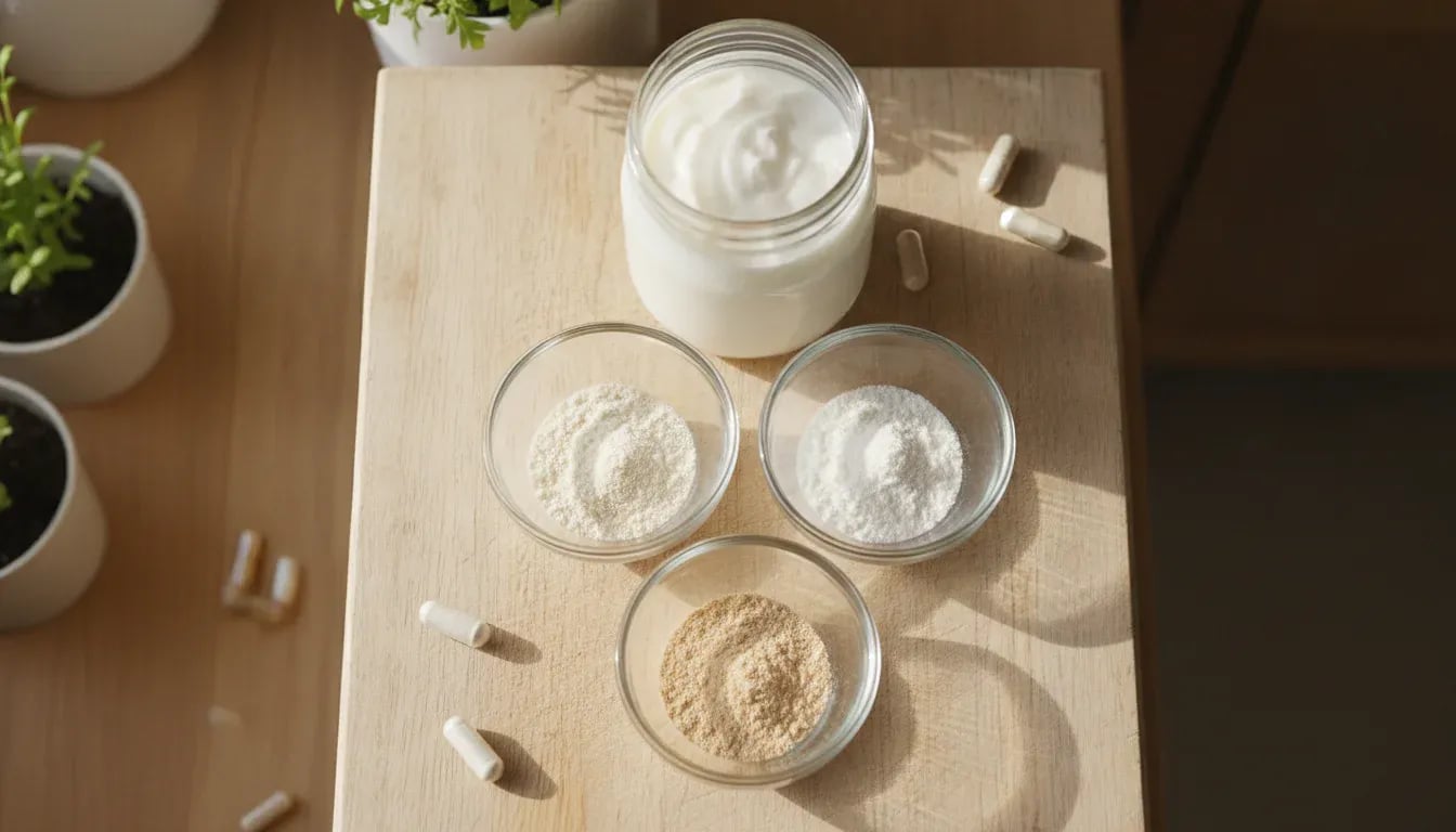 Three small bowls of probiotic powders arranged with jar of finished coconut yogurt