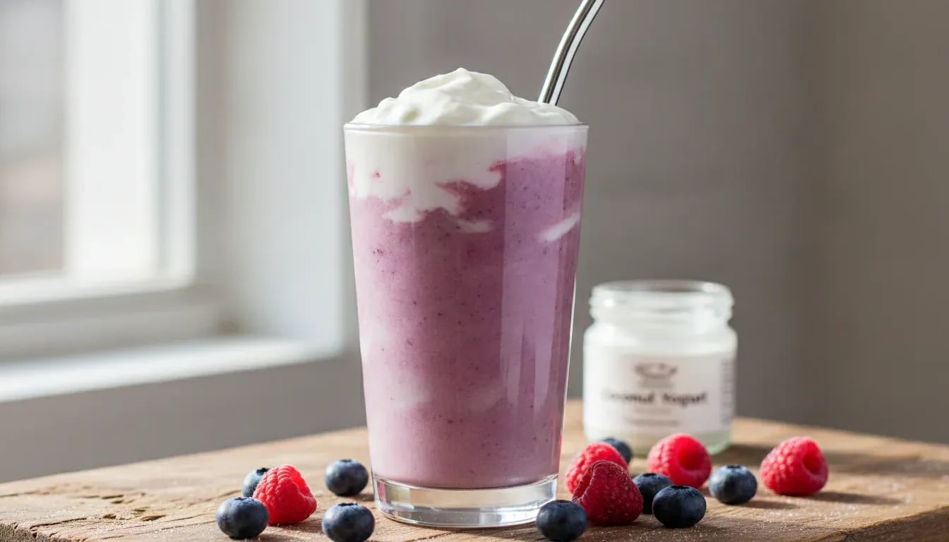 Purple berry smoothie in glass with white coconut yogurt on top and fresh berries scattered around