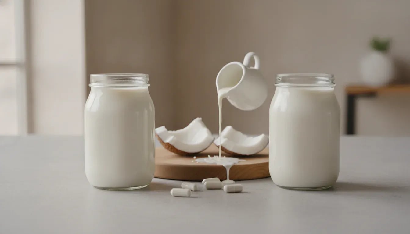 Two glass jars of identical-looking white yogurt side by side with coconut and milk ingredients