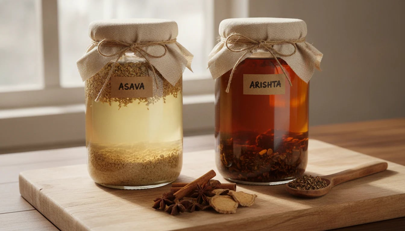 Two glass jars showing the difference between asava and arishta preparations