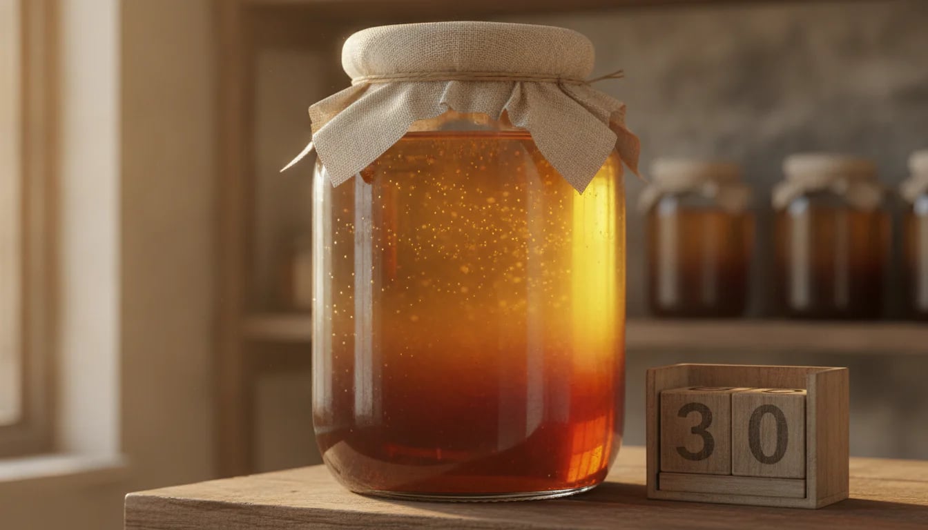Fermenting herbal preparation showing bubbles and layers after weeks of fermentation