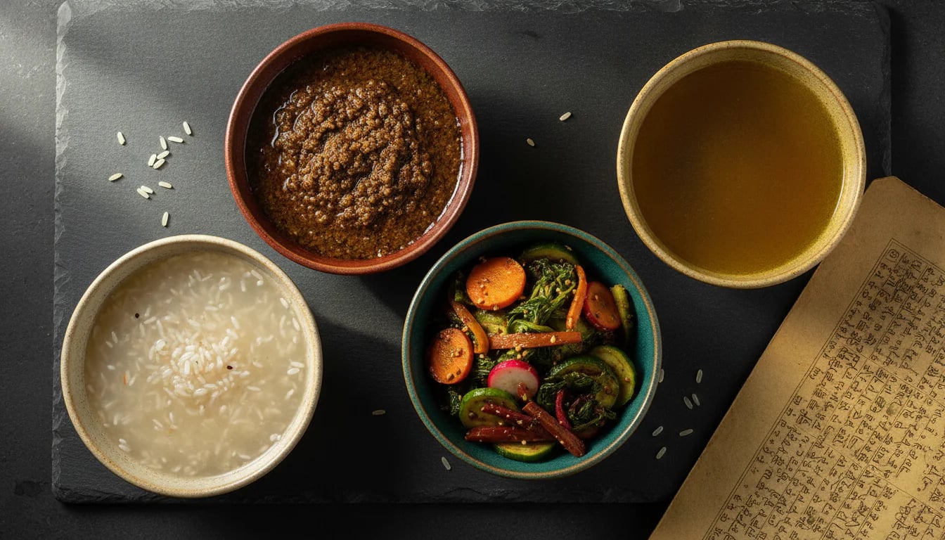 Four bowls showing different traditional Ayurvedic fermented foods including kanji and souviraka