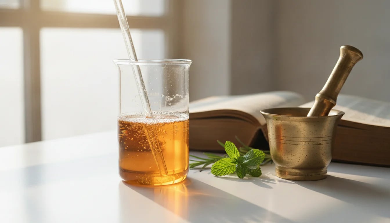 Laboratory beaker and traditional brass mortar showing the meeting of ancient and modern fermentation knowledge