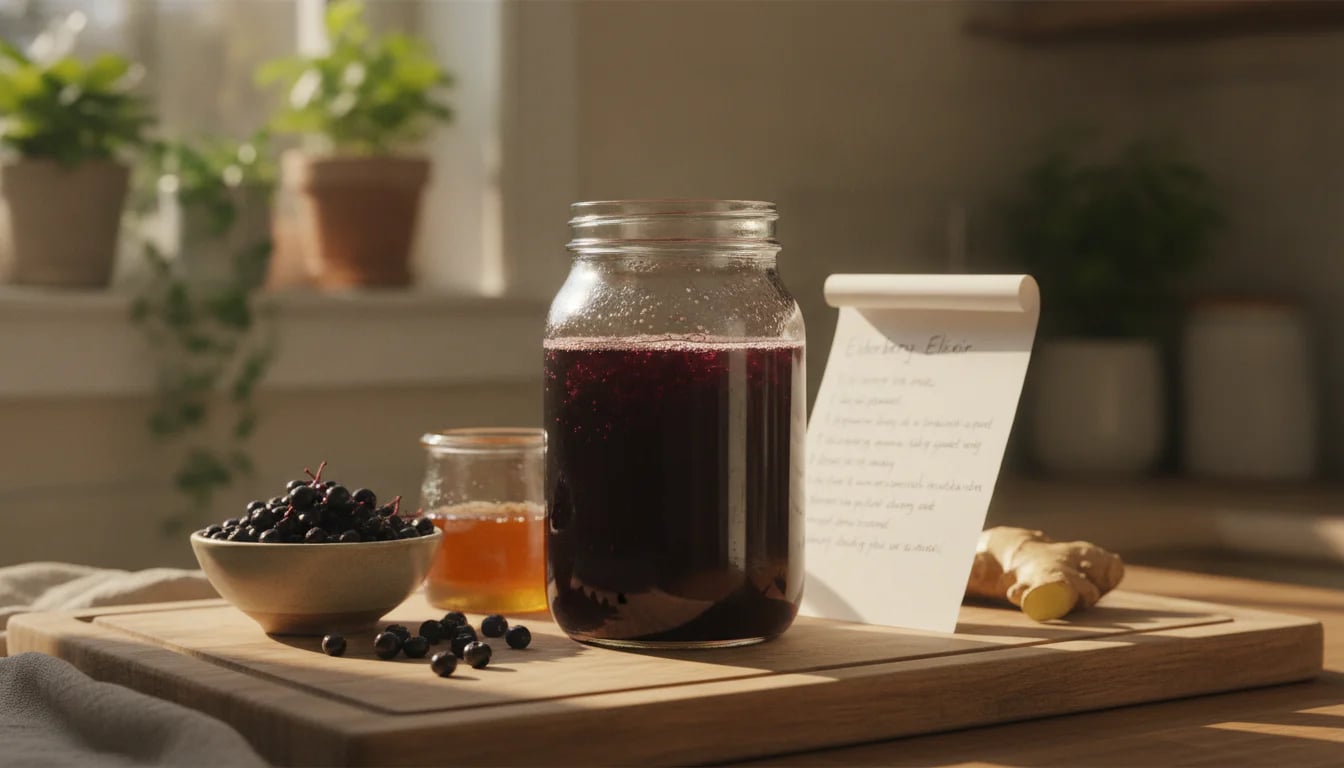 Home kitchen setup for making elderberry ferment with fresh ingredients and glass jar