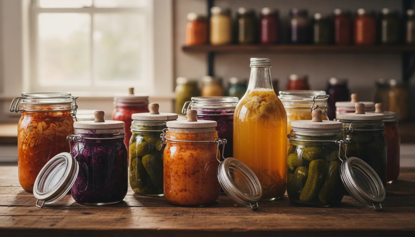 Multiple jars of different fermented foods crowded on a dark counter