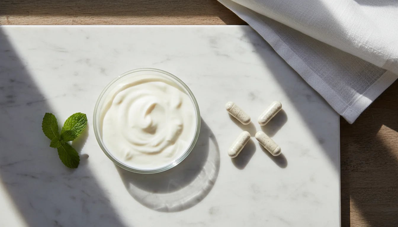 Overhead view of white yogurt in glass dish with three probiotic capsules arranged precisely