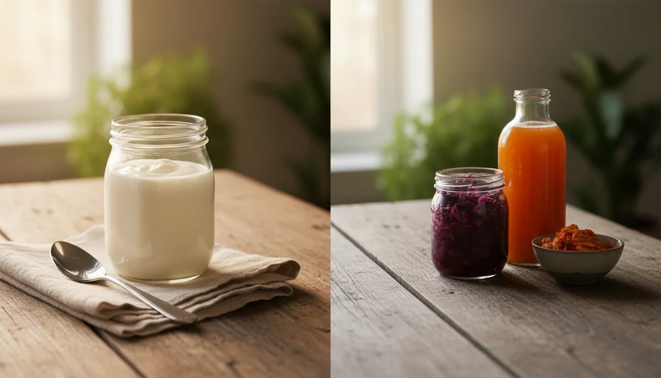 Split scene showing simple yogurt on one side and multiple fermented foods on the other