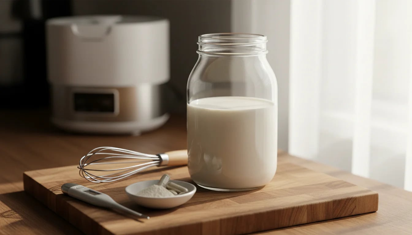Glass jar of milk with thermometer and probiotic capsules on wooden board