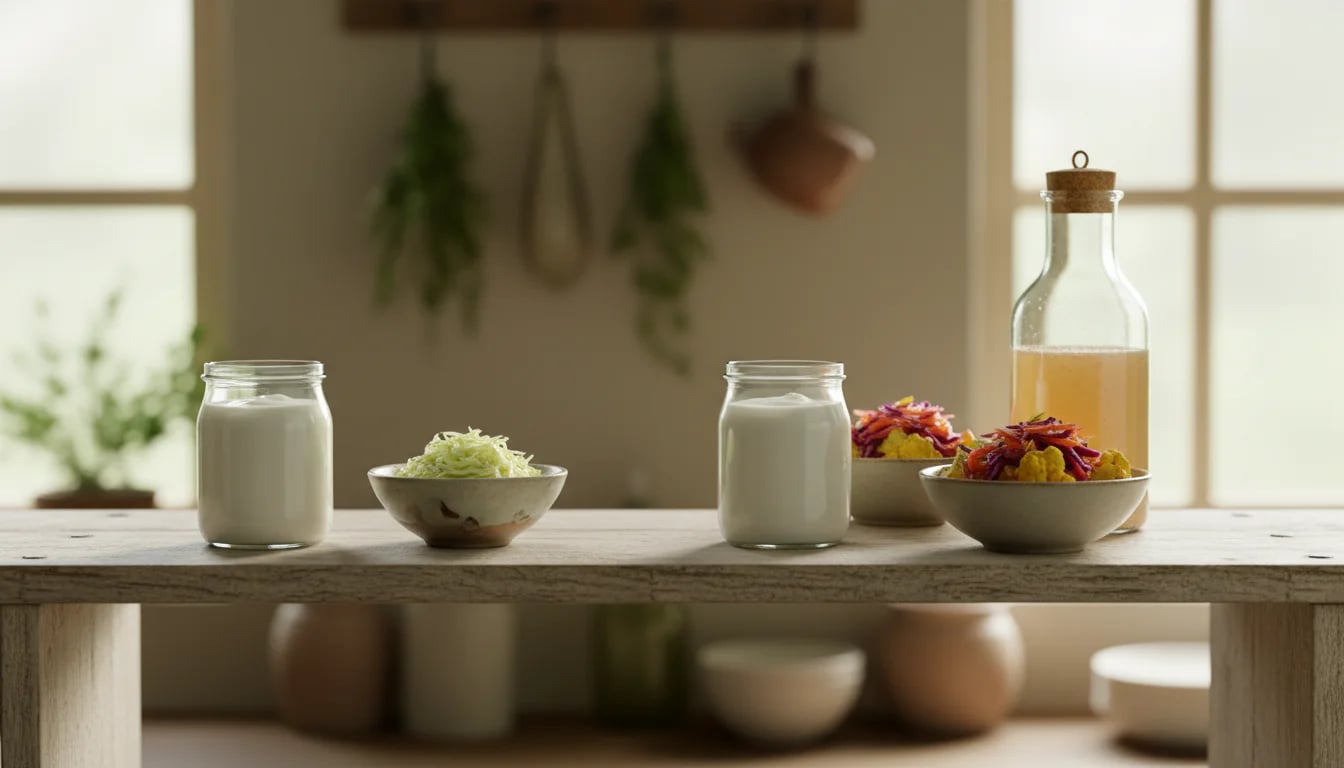 Three-stage progression showing simple yogurt evolving to include diverse ferments