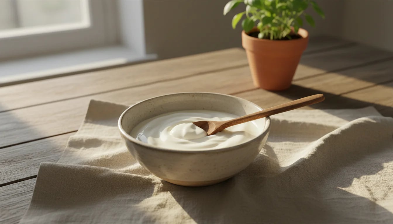 Ceramic bowl of white yogurt on linen placemat with soft morning light
